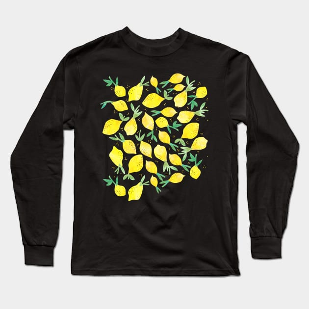 Whimsical Lemon Scatter Pattern - Hand Painted Watercolor Long Sleeve T-Shirt by Maddyslittlesketchbook